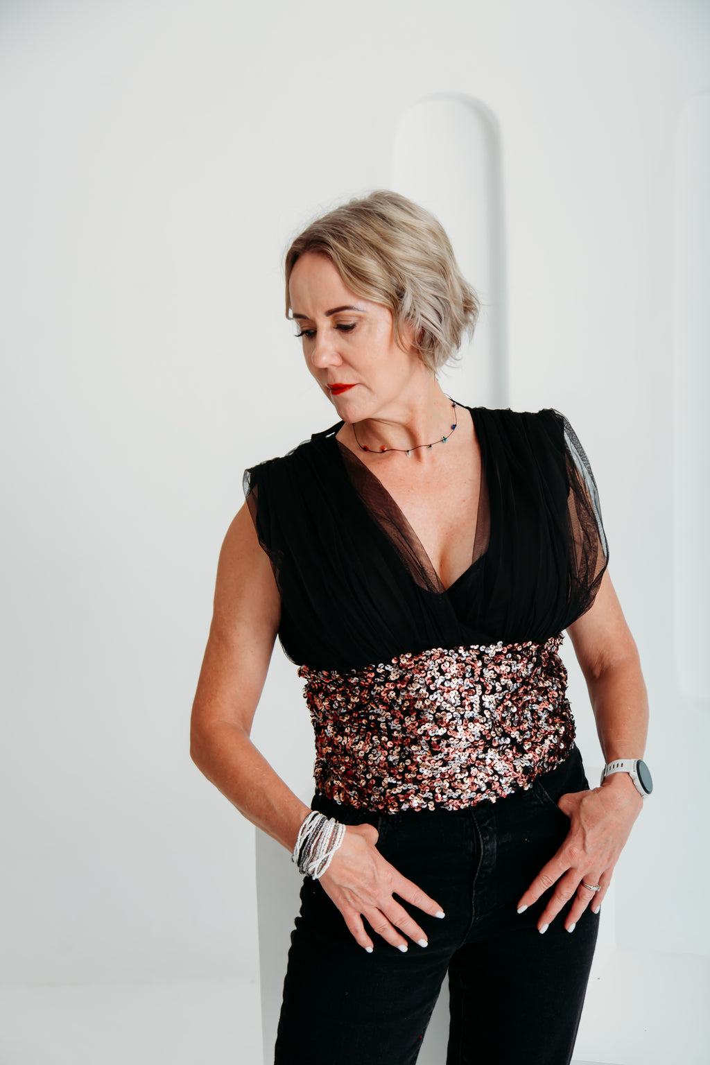 Genevive Top (Pink, Black and Silver)