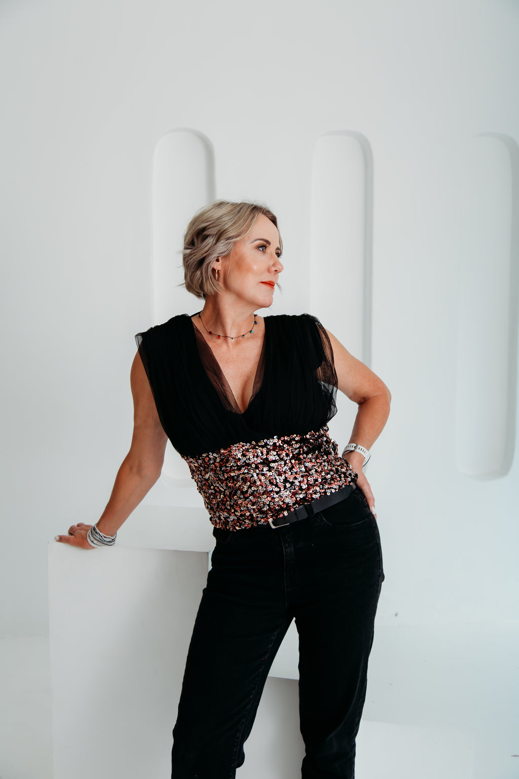 Genevive Top (Pink, Black and Silver)