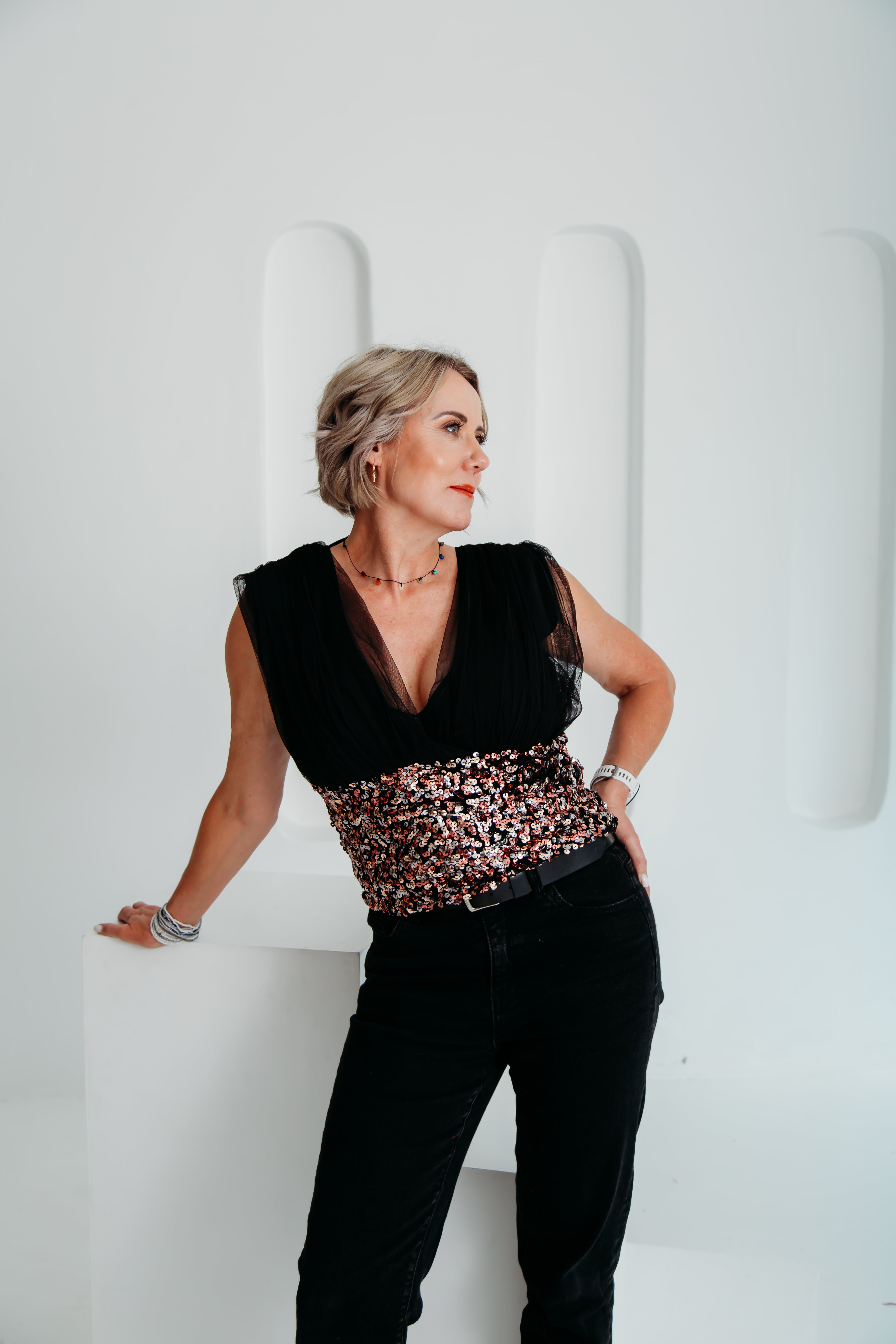 Genevive Top (Pink, Black and Silver)